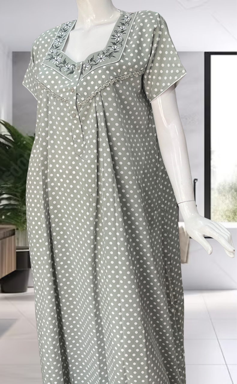 Light Green Dots Crushed Soft Cotton Nighty. Soft Breathable Fabric | Laces and Frills