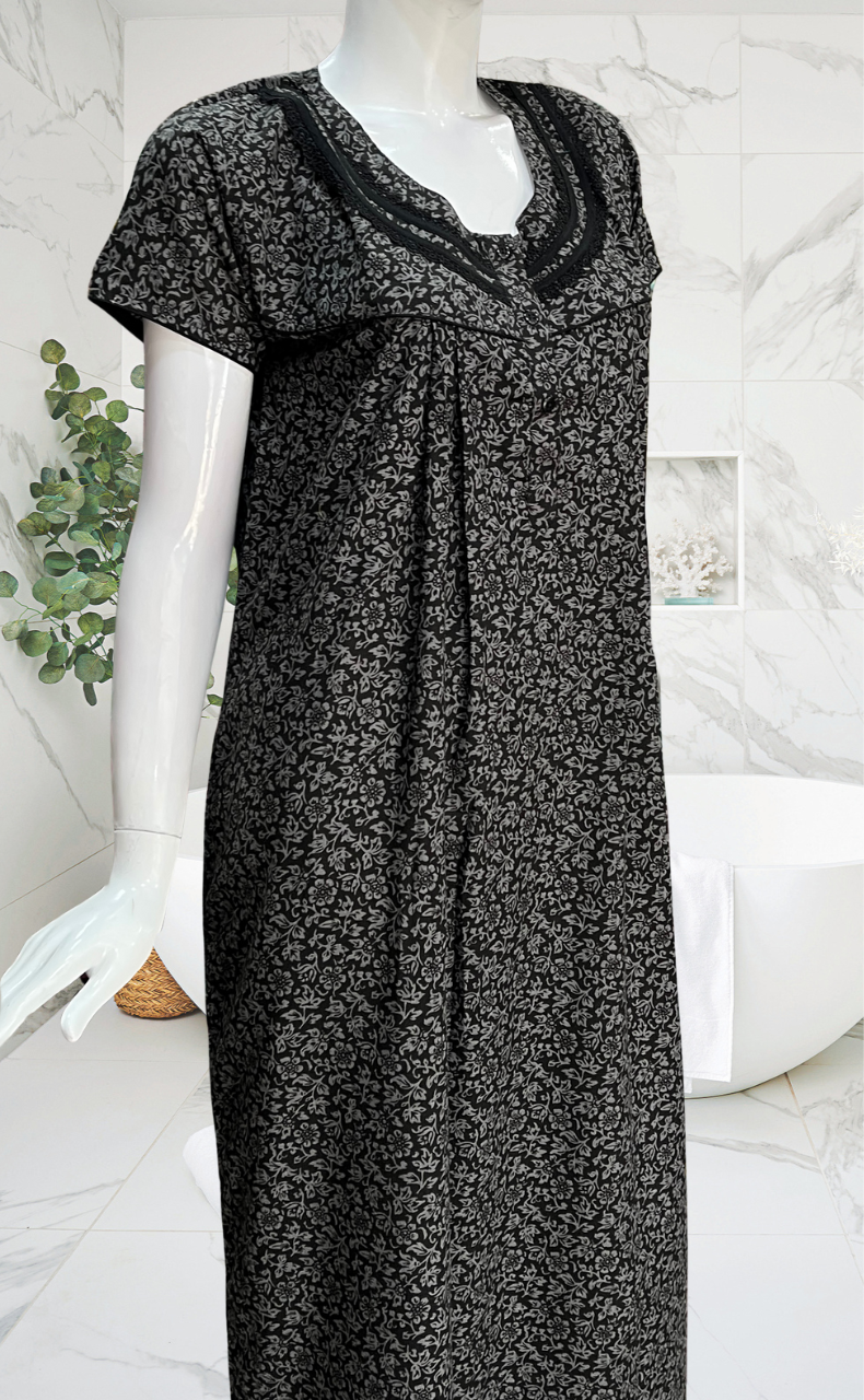 Black Garden Soft Cotton Nighty. Soft Breathable Fabric | Laces and Frills