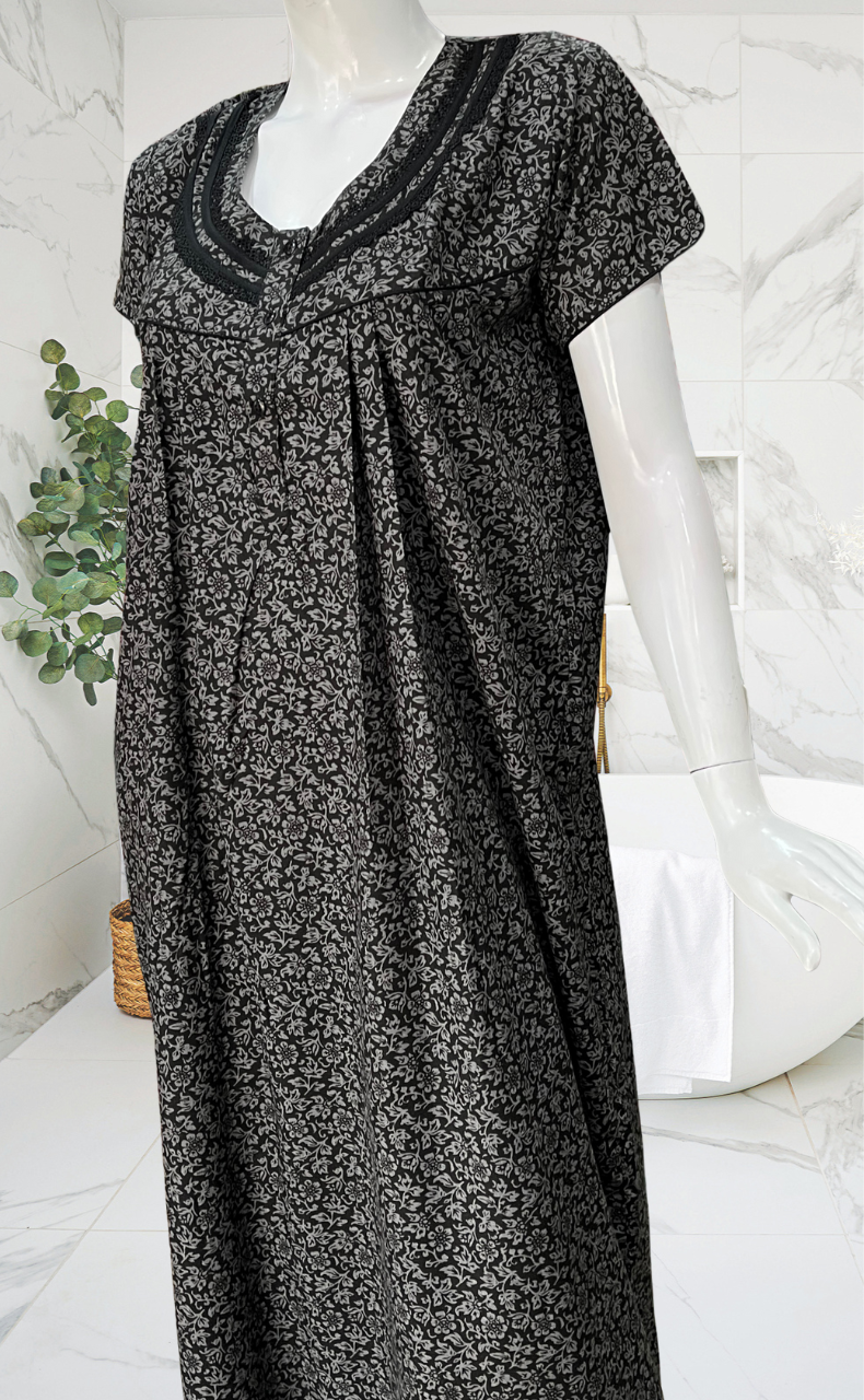 Black Garden Soft Cotton Nighty. Soft Breathable Fabric | Laces and Frills