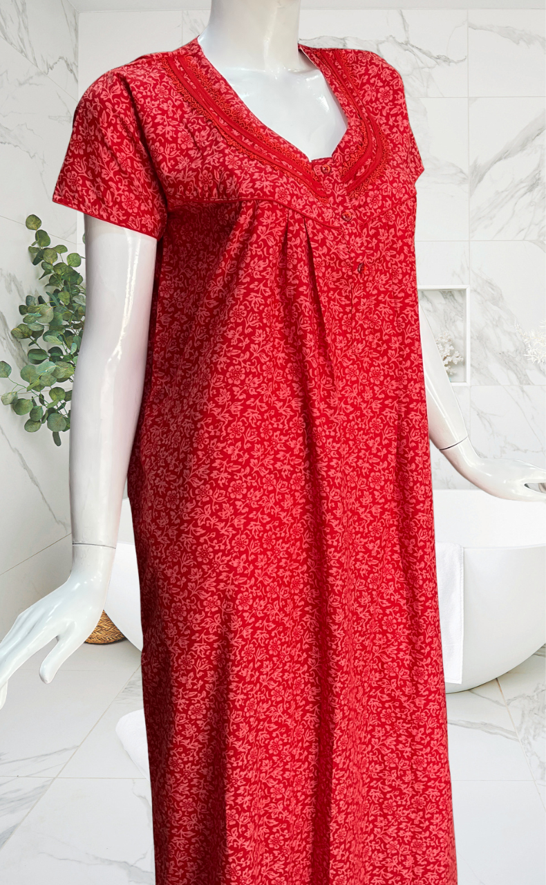 Red Garden Soft Cotton Nighty. Soft Breathable Fabric | Laces and Frills