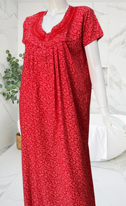 Red Garden Soft Cotton Nighty. Soft Breathable Fabric | Laces and Frills