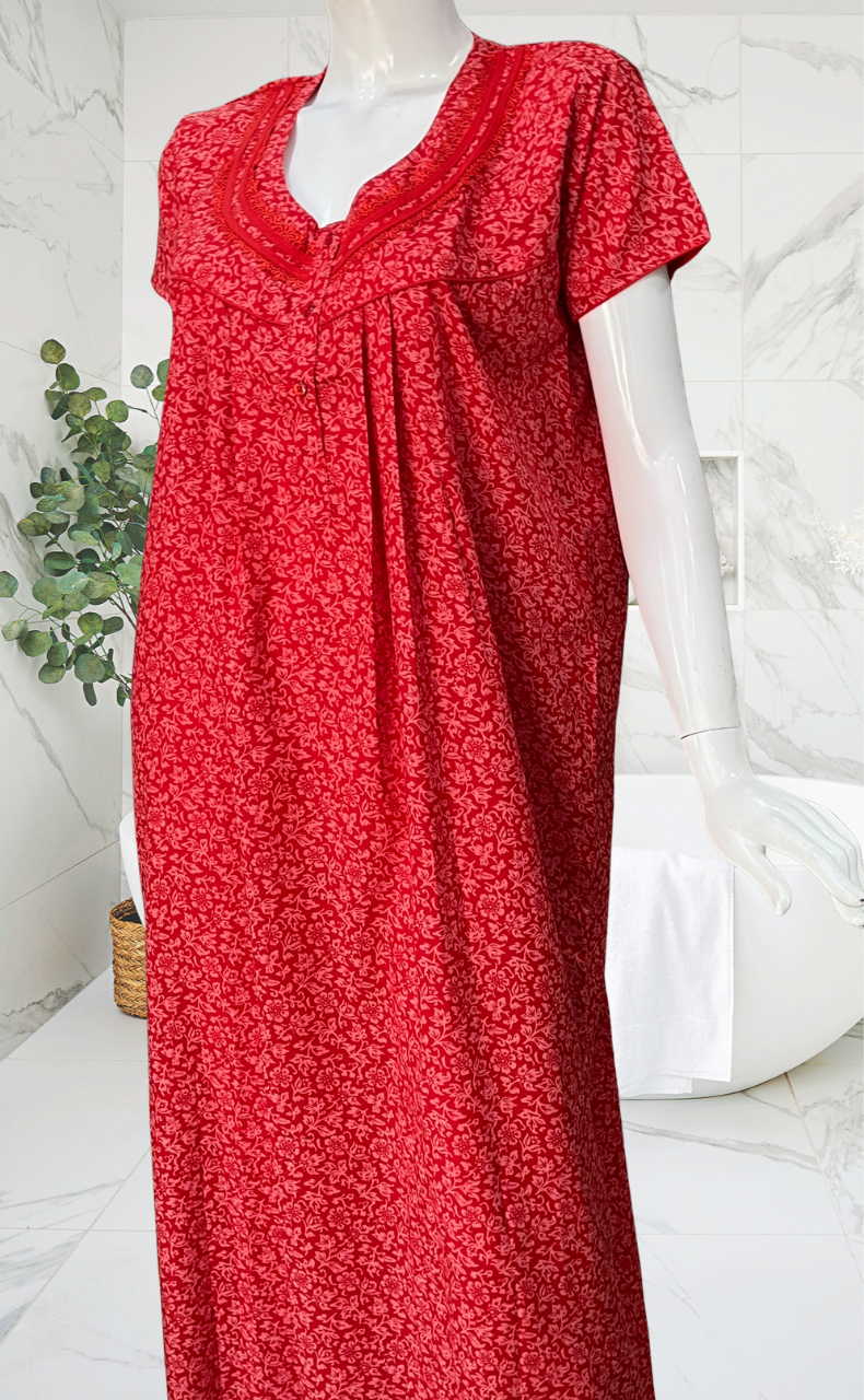 Red Garden Soft Cotton Nighty. Soft Breathable Fabric | Laces and Frills