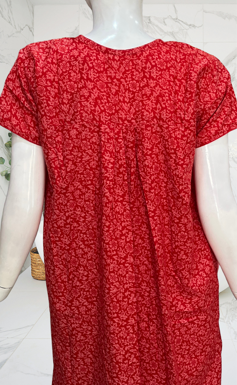 Red Garden Soft Cotton Nighty. Soft Breathable Fabric | Laces and Frills