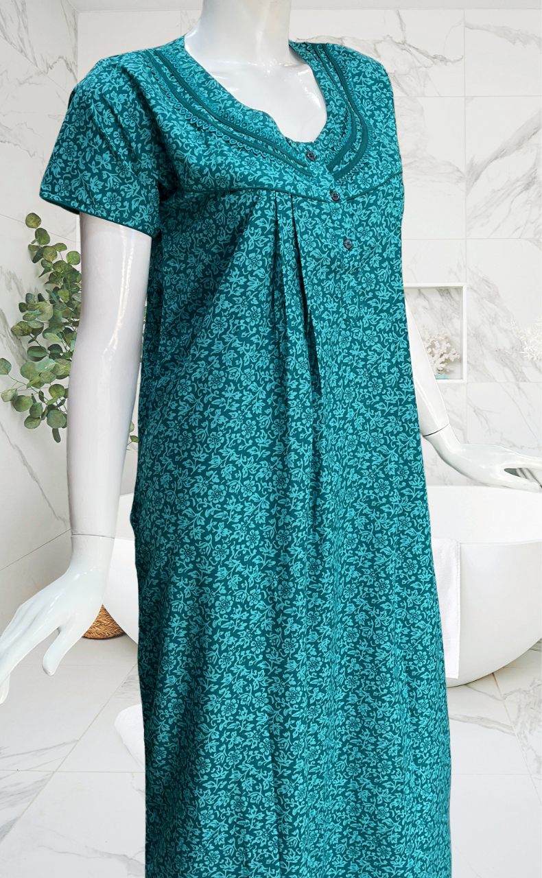 Sea Green Garden Soft Cotton Nighty. Soft Breathable Fabric | Laces and Frills