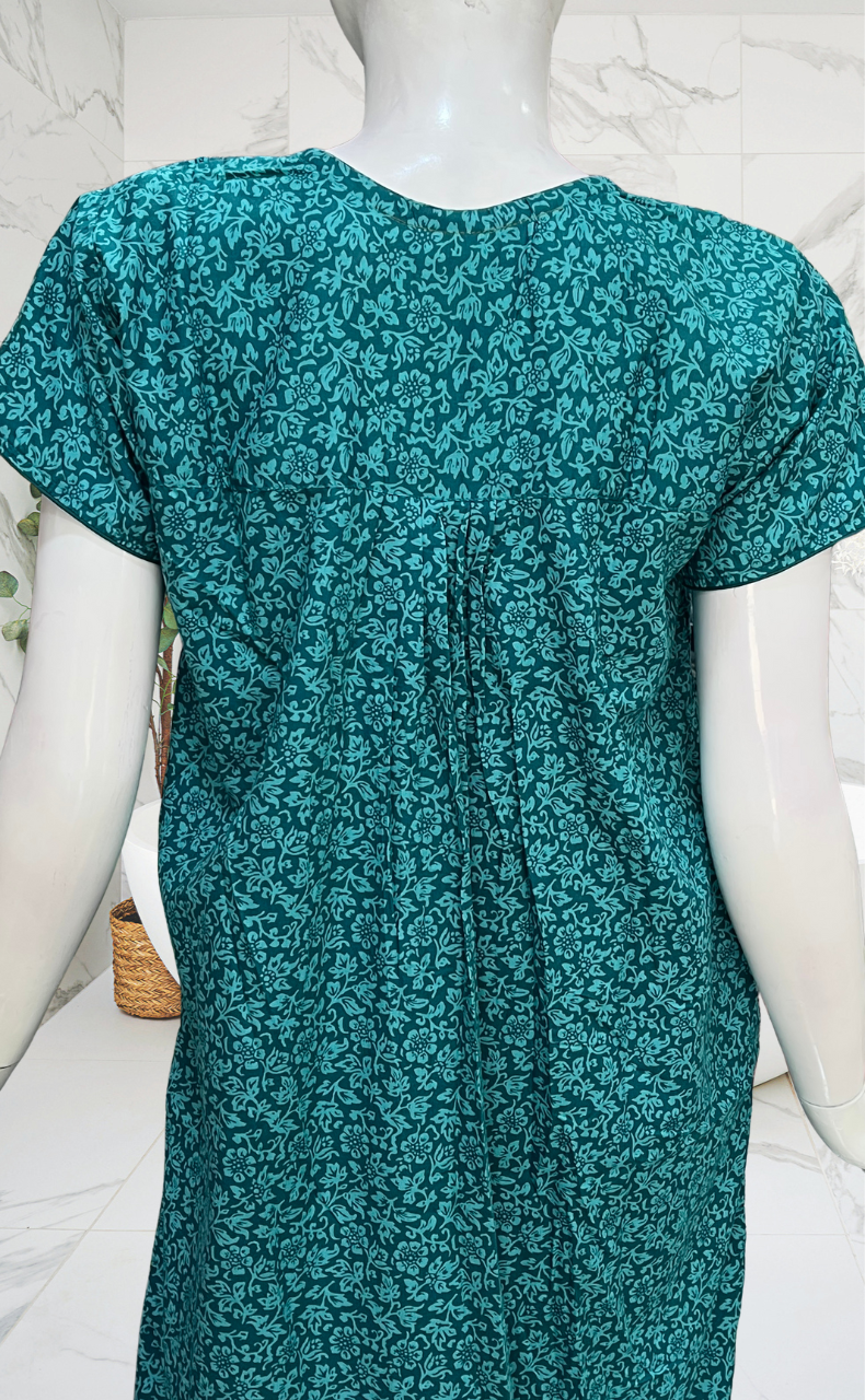 Sea Green Garden Soft Cotton Nighty. Soft Breathable Fabric | Laces and Frills