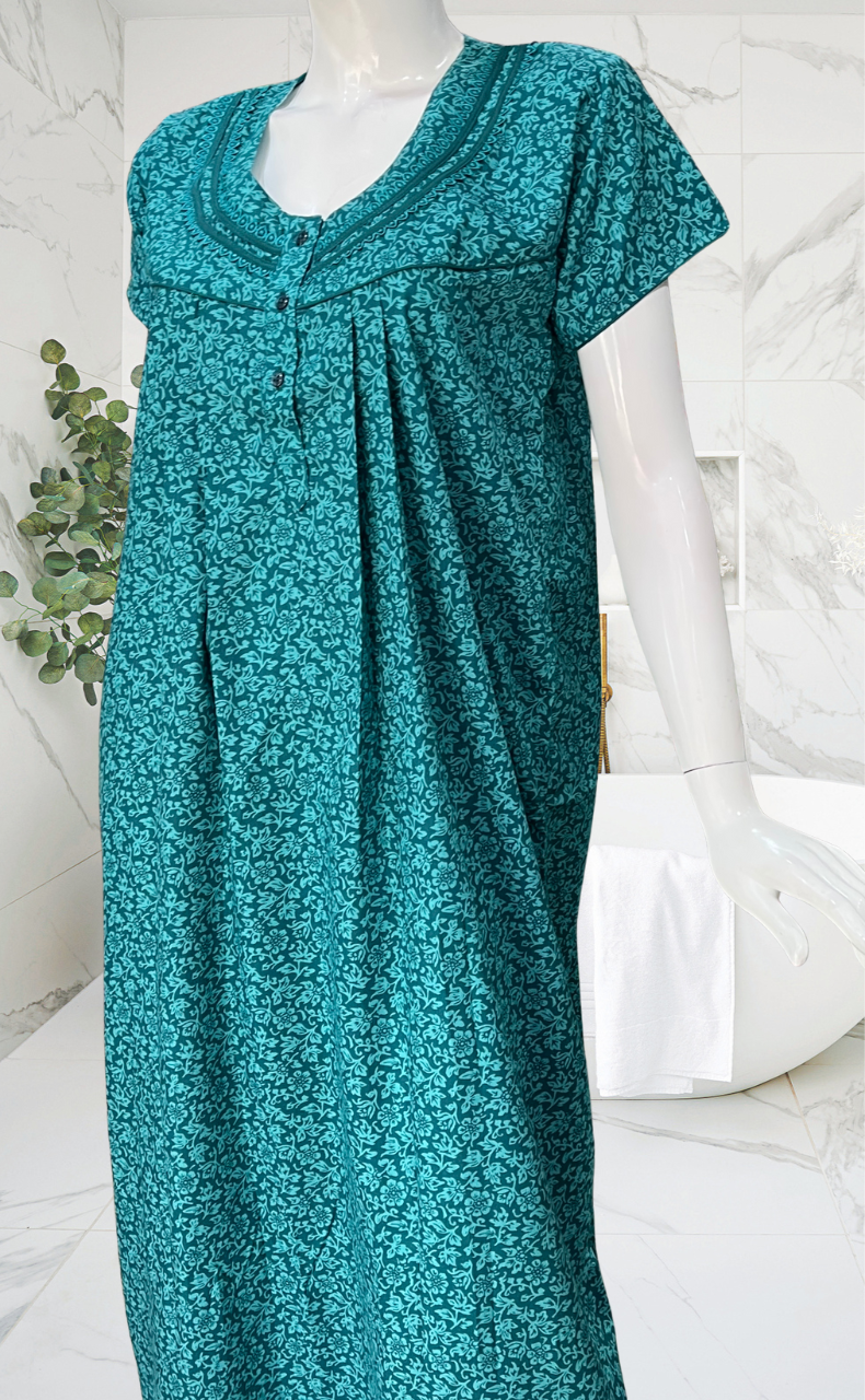 Sea Green Garden Soft Cotton Nighty. Soft Breathable Fabric | Laces and Frills
