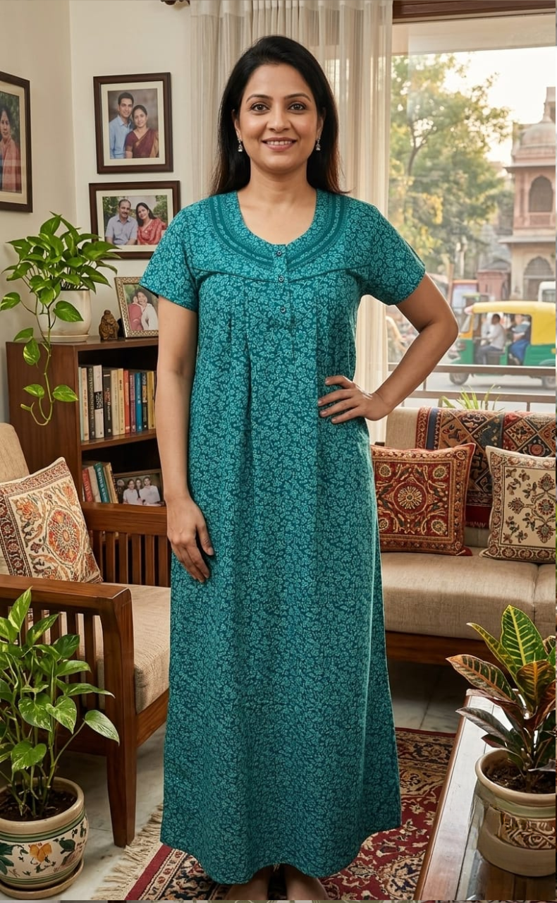 Sea Green Garden Soft Cotton Nighty. Soft Breathable Fabric | Laces and Frills