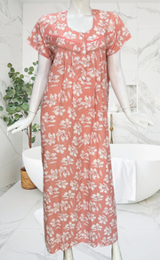 Peach Floral Soft Cotton Nighty. Soft Breathable Fabric | Laces and Frills