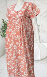 Peach Floral Soft Cotton Nighty. Soft Breathable Fabric | Laces and Frills