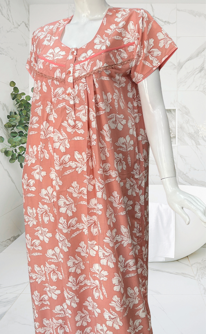 Peach Floral Soft Cotton Nighty. Soft Breathable Fabric | Laces and Frills