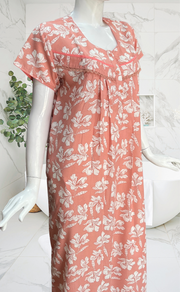 Peach Floral Soft Cotton Nighty. Soft Breathable Fabric | Laces and Frills