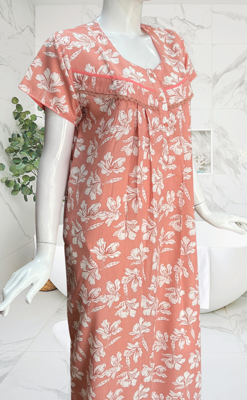 Peach Floral Soft Cotton Nighty. Soft Breathable Fabric | Laces and Frills