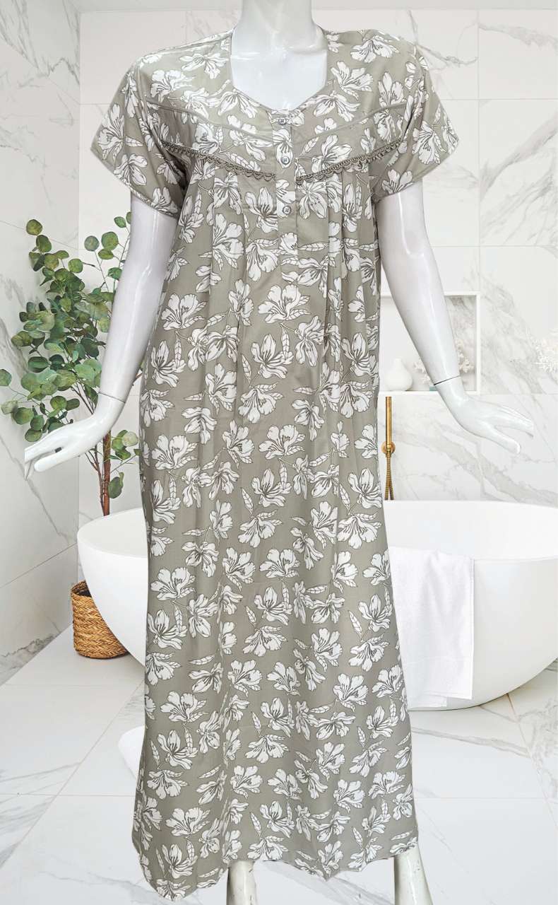 Beige Floral Soft Cotton Nighty. Soft Breathable Fabric | Laces and Frills