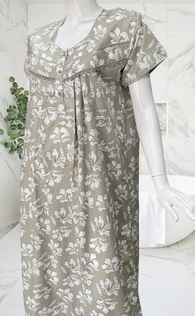 Beige Floral Soft Cotton Nighty. Soft Breathable Fabric | Laces and Frills