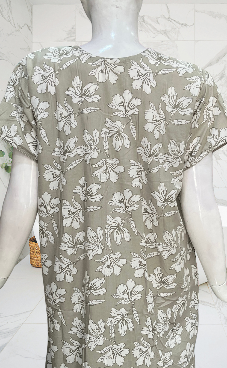 Beige Floral Soft Cotton Nighty. Soft Breathable Fabric | Laces and Frills