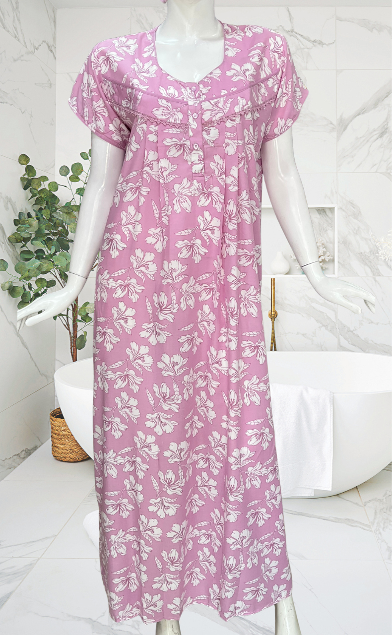 Lavender Floral Soft Cotton Nighty. Soft Breathable Fabric | Laces and Frills