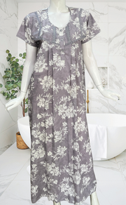 Grey Floral Soft Cotton Nighty. Soft Breathable Fabric | Laces and Frills