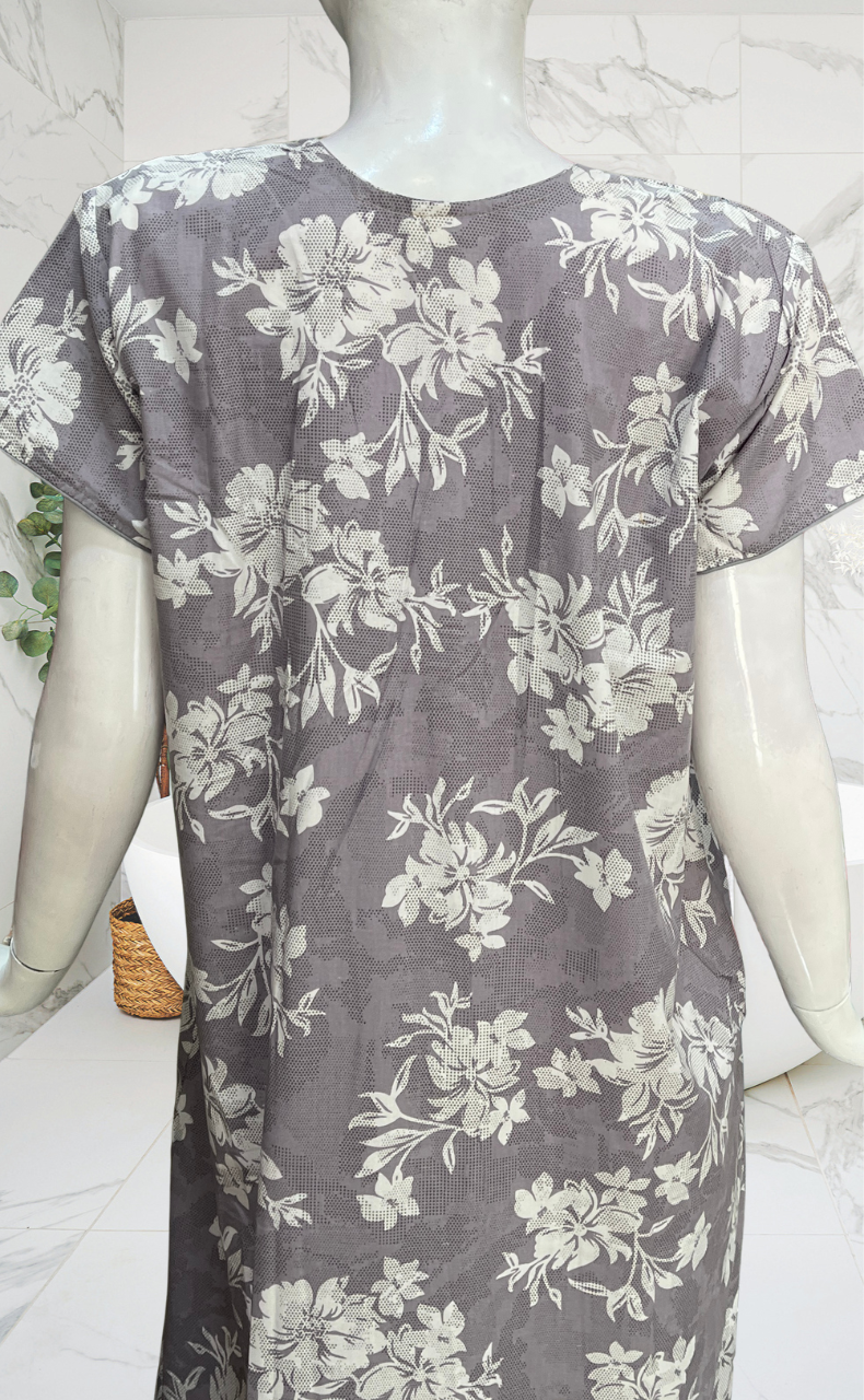 Grey Floral Soft Cotton Nighty. Soft Breathable Fabric | Laces and Frills