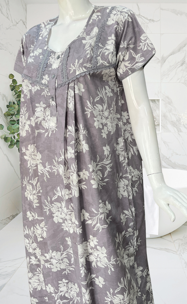 Grey Floral Soft Cotton Nighty. Soft Breathable Fabric | Laces and Frills