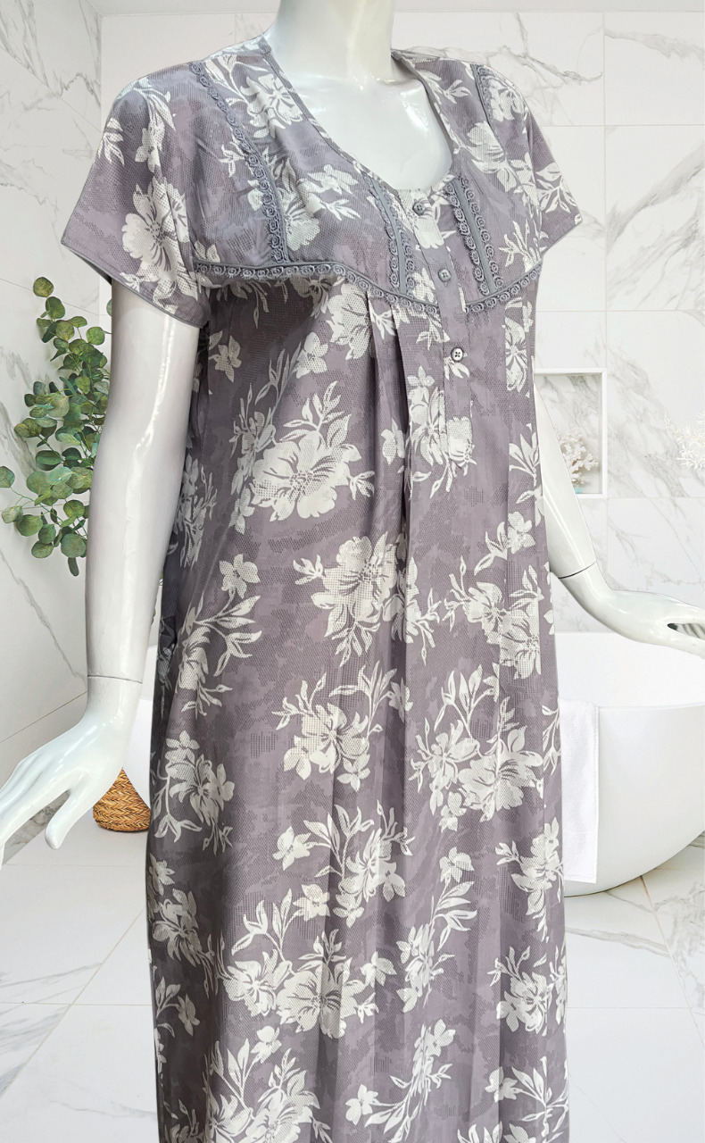 Grey Floral Soft Cotton Nighty. Soft Breathable Fabric | Laces and Frills