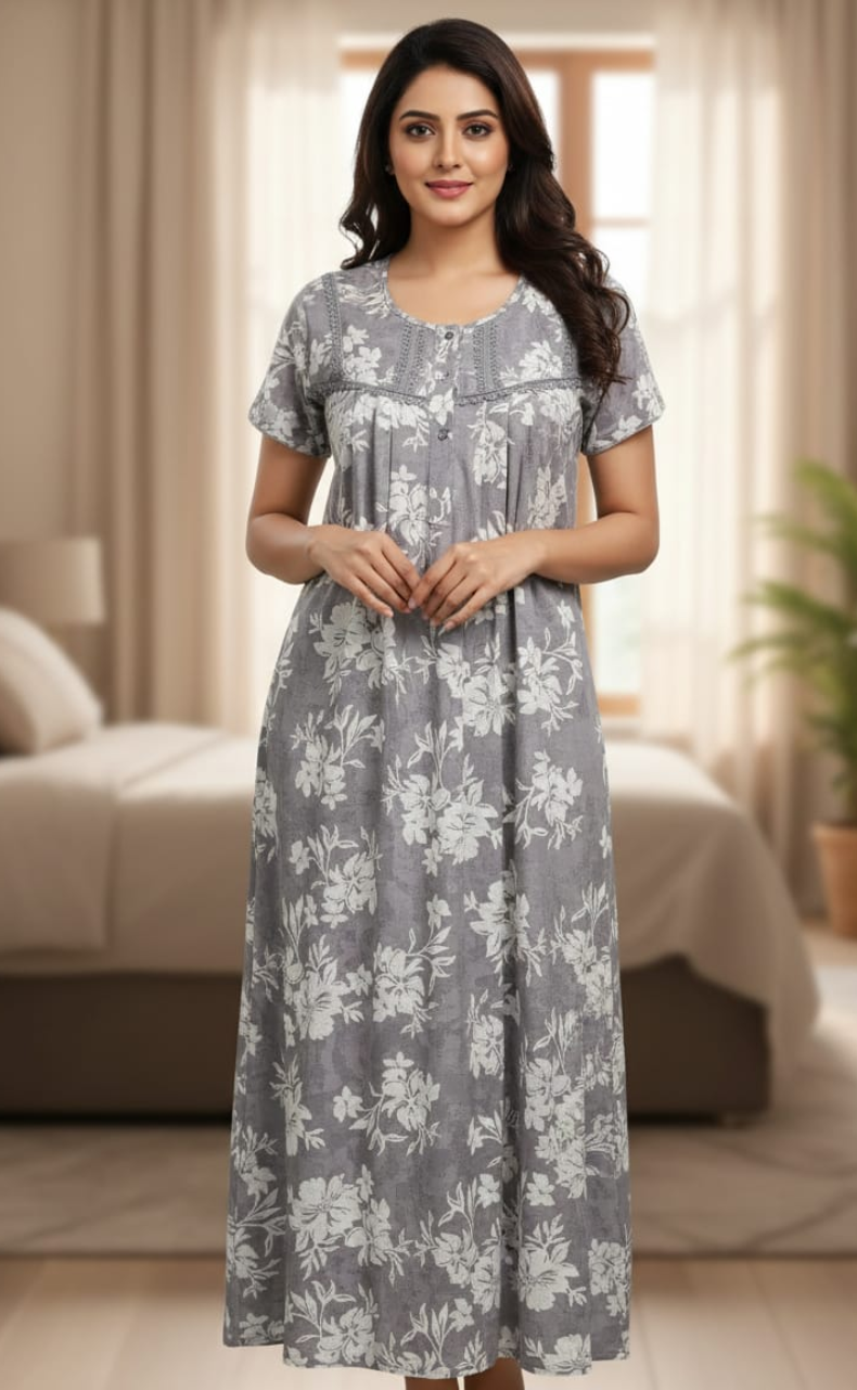 Grey Floral Soft Cotton Nighty. Soft Breathable Fabric | Laces and Frills
