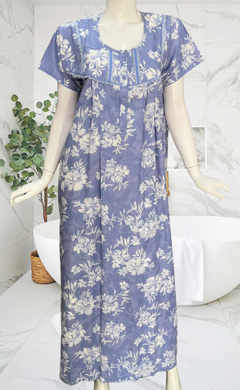 Blue Floral Soft Cotton Nighty. Soft Breathable Fabric | Laces and Frills