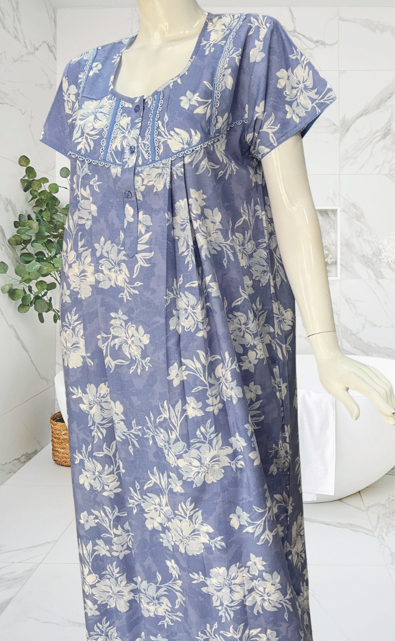 Blue Floral Soft Cotton Nighty. Soft Breathable Fabric | Laces and Frills