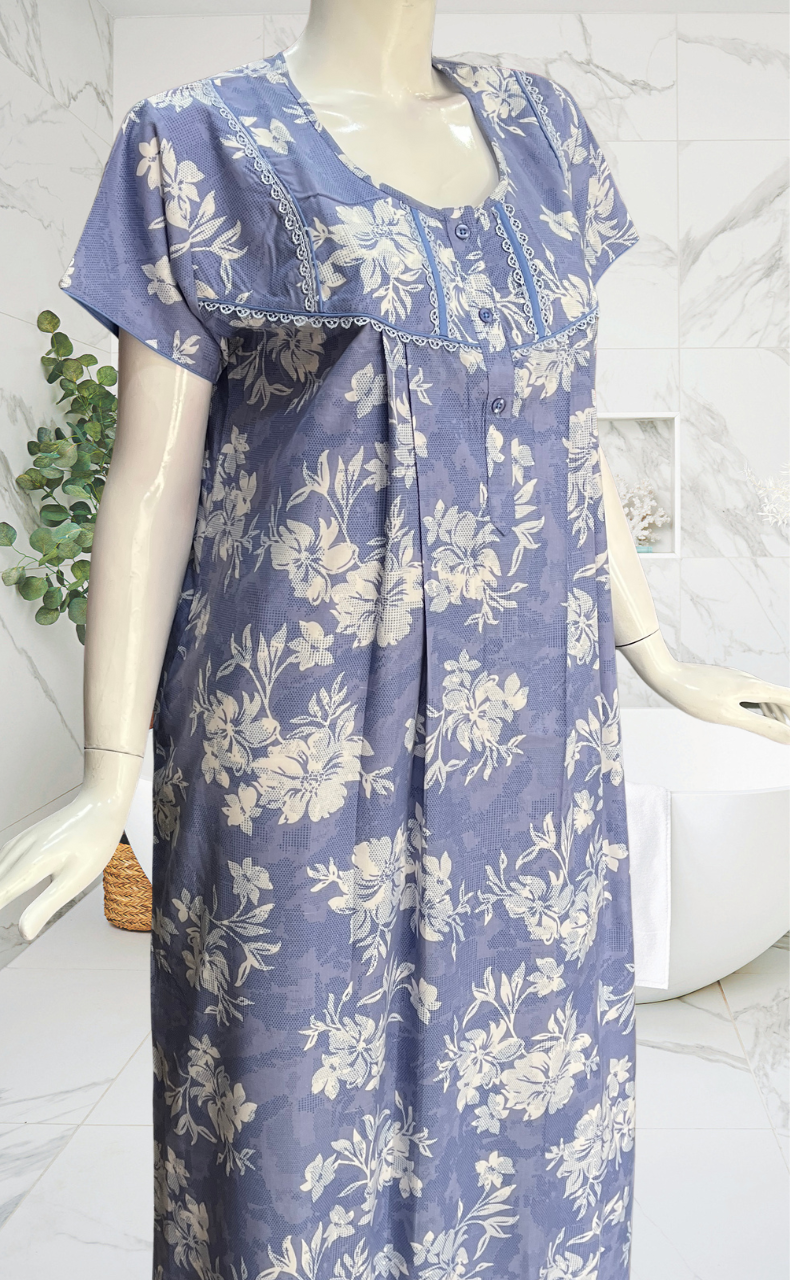 Blue Floral Soft Cotton Nighty. Soft Breathable Fabric | Laces and Frills