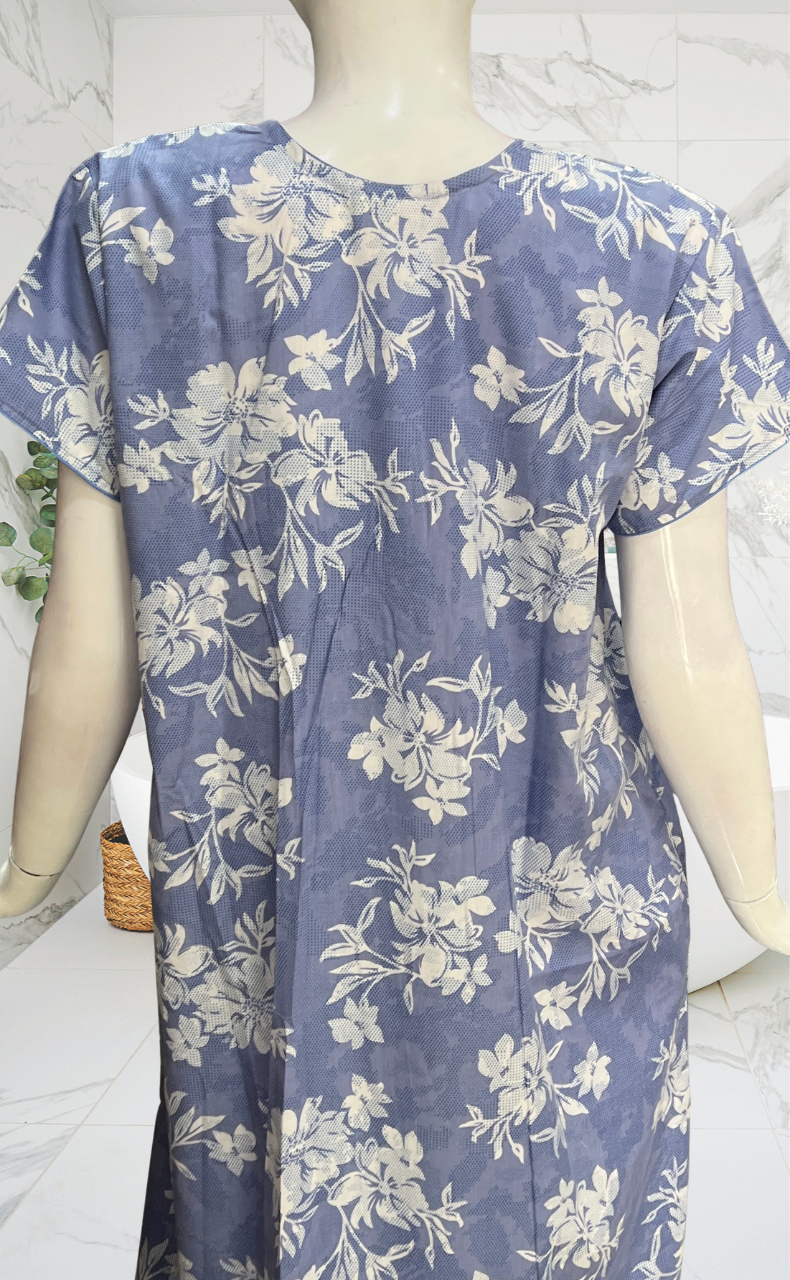 Blue Floral Soft Cotton Nighty. Soft Breathable Fabric | Laces and Frills