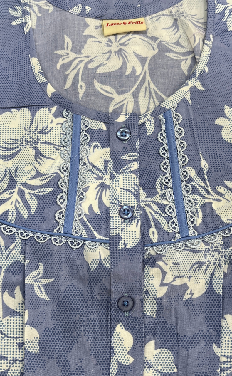 Blue Floral Soft Cotton Nighty. Soft Breathable Fabric | Laces and Frills
