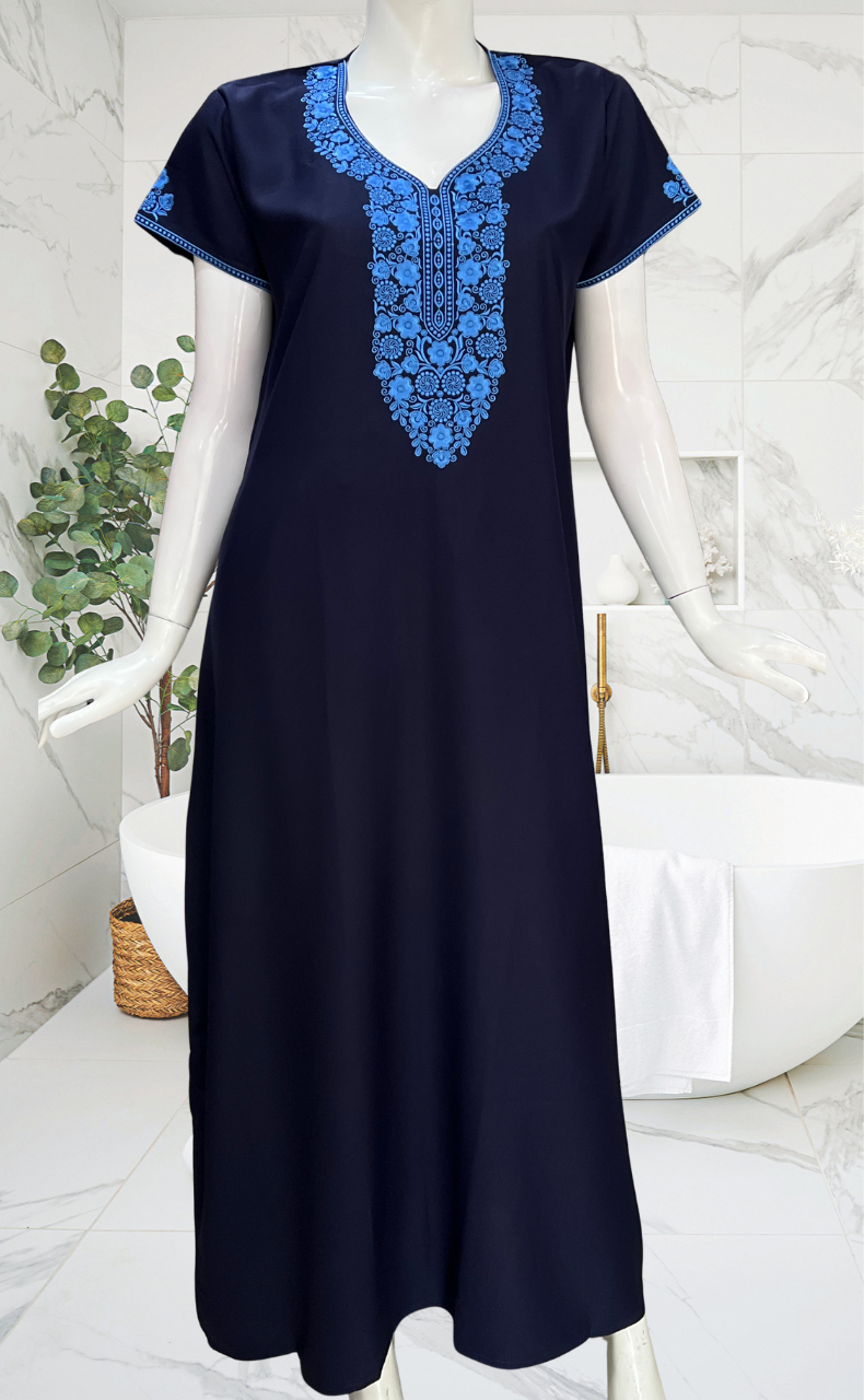 Navy Blue Embroidery Spun Nighty. Flowy Spun Fabric | Laces and Frills