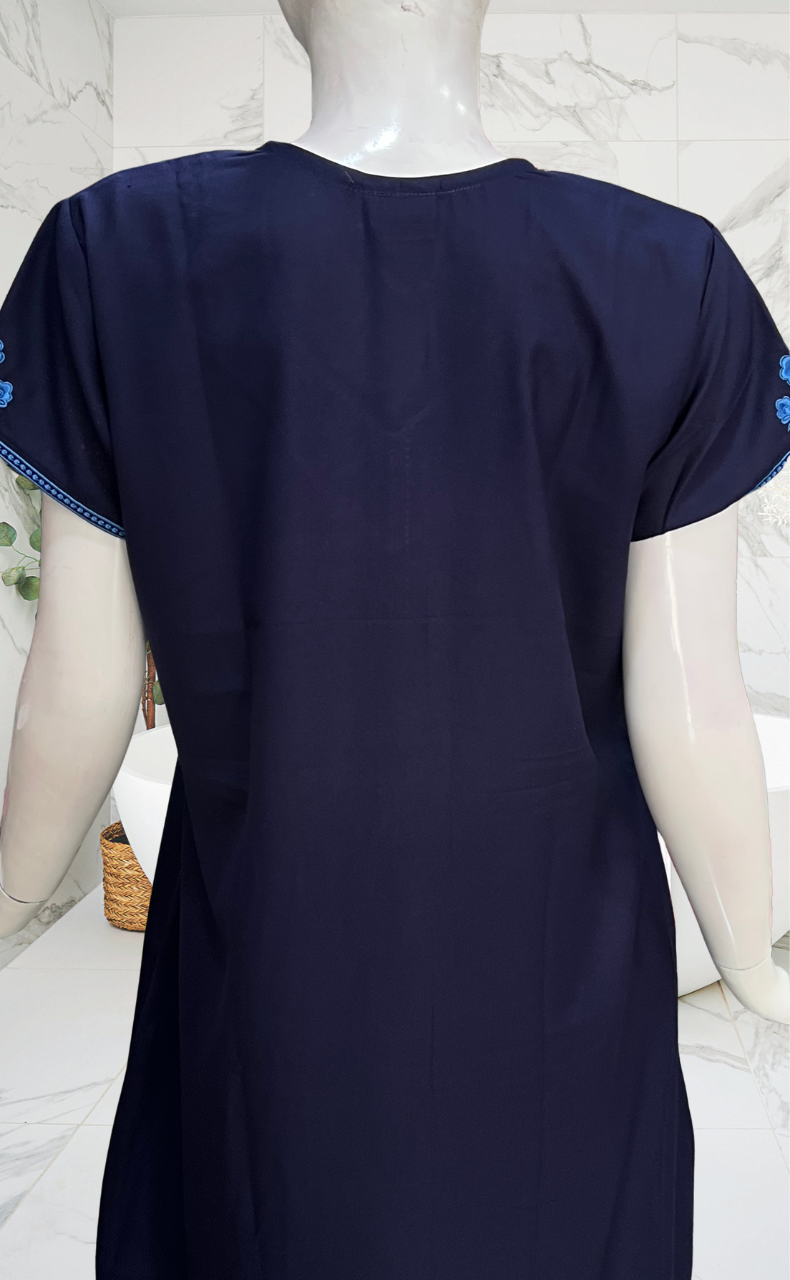 Navy Blue Embroidery Spun Nighty. Flowy Spun Fabric | Laces and Frills