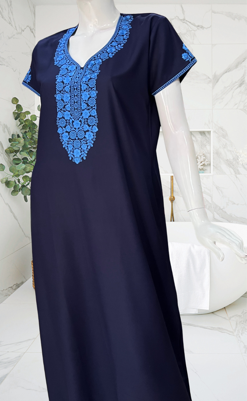 Navy Blue Embroidery Spun Nighty. Flowy Spun Fabric | Laces and Frills