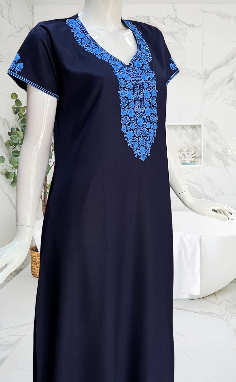 Navy Blue Embroidery Spun Nighty. Flowy Spun Fabric | Laces and Frills
