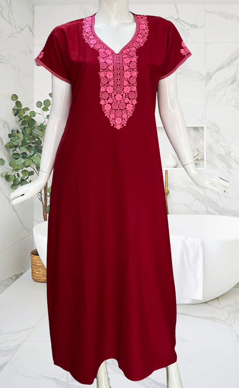 Maroon Embroidery Spun Nighty. Flowy Spun Fabric | Laces and Frills