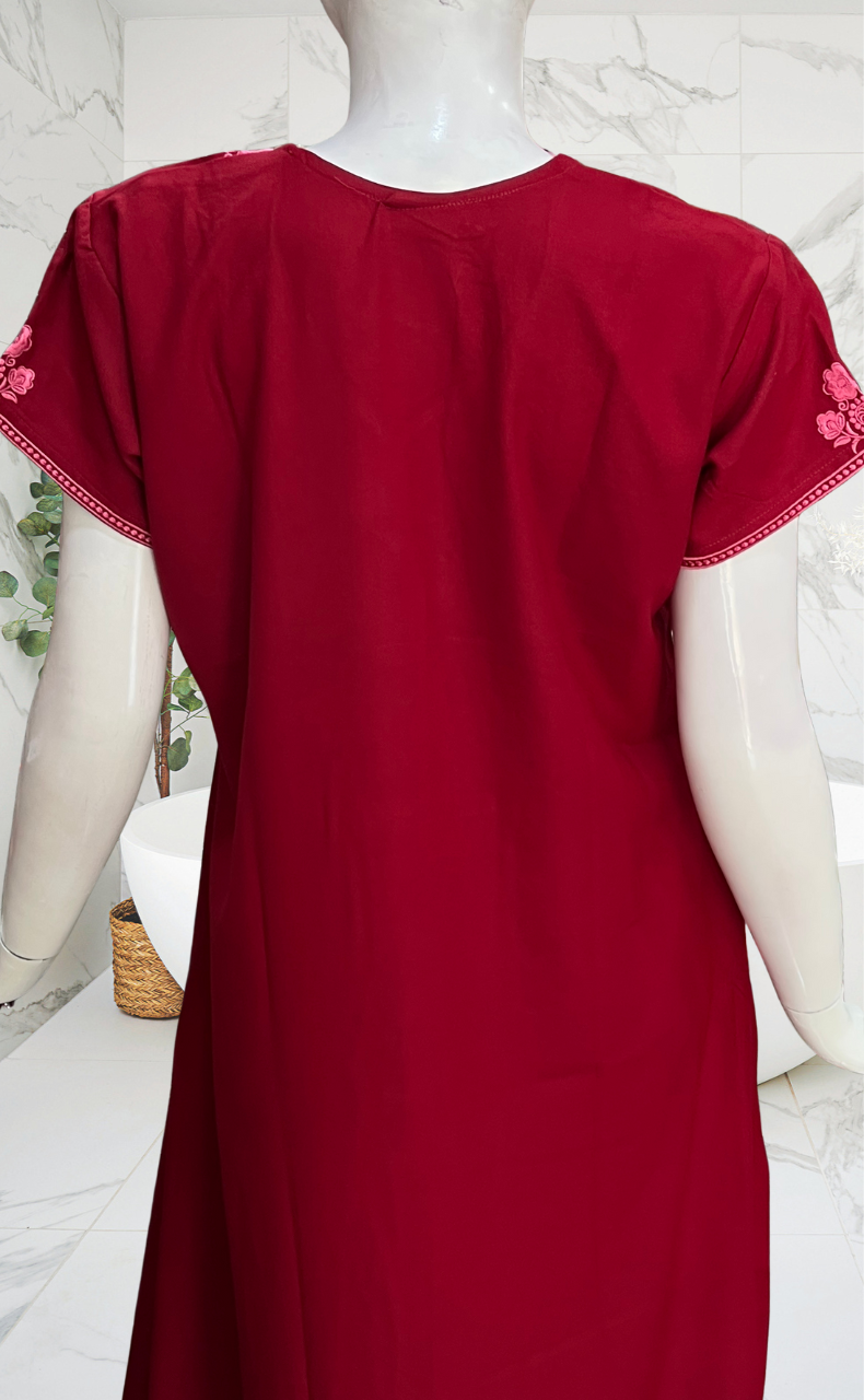 Maroon Embroidery Spun Nighty. Flowy Spun Fabric | Laces and Frills