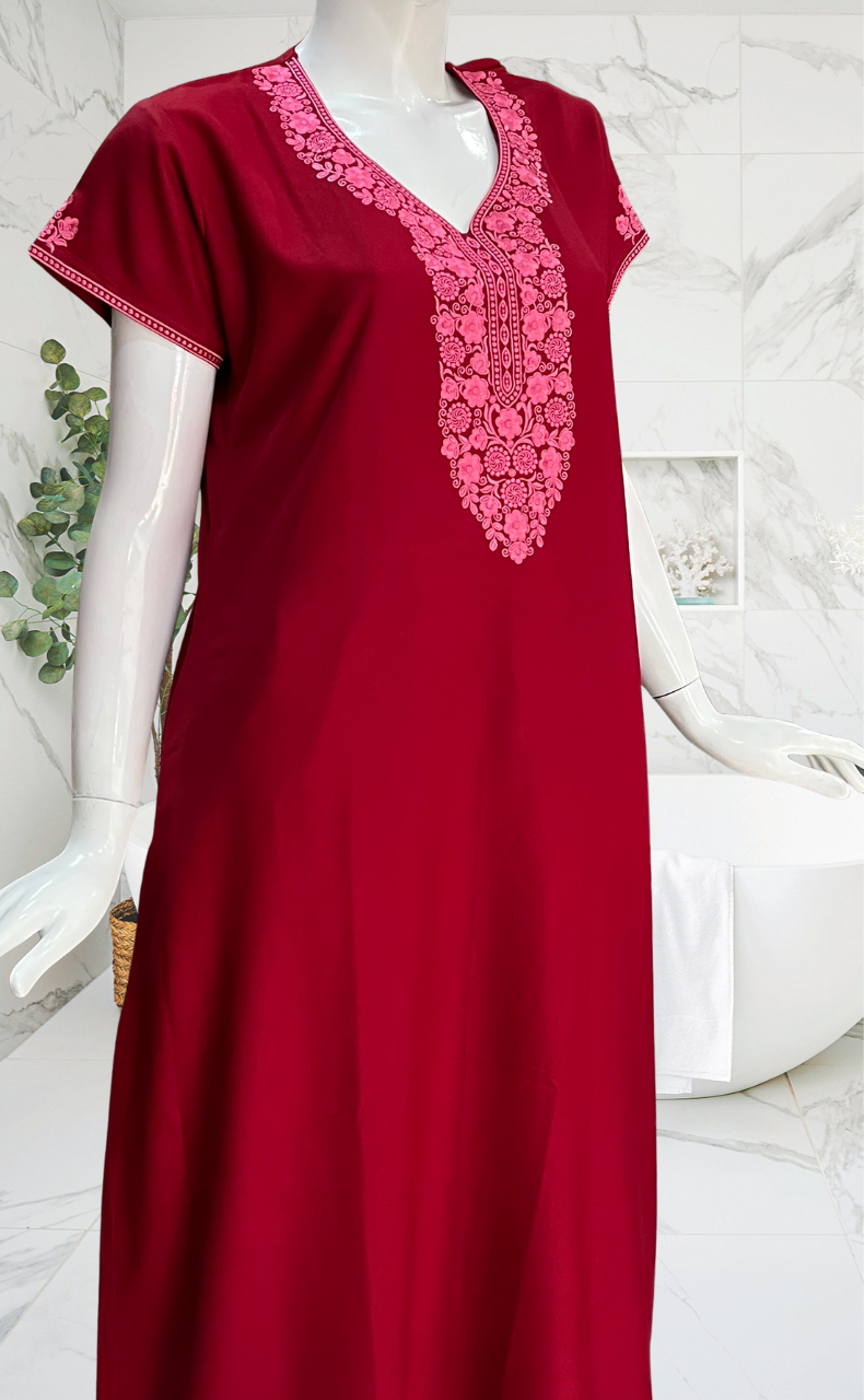Maroon Embroidery Spun Nighty. Flowy Spun Fabric | Laces and Frills
