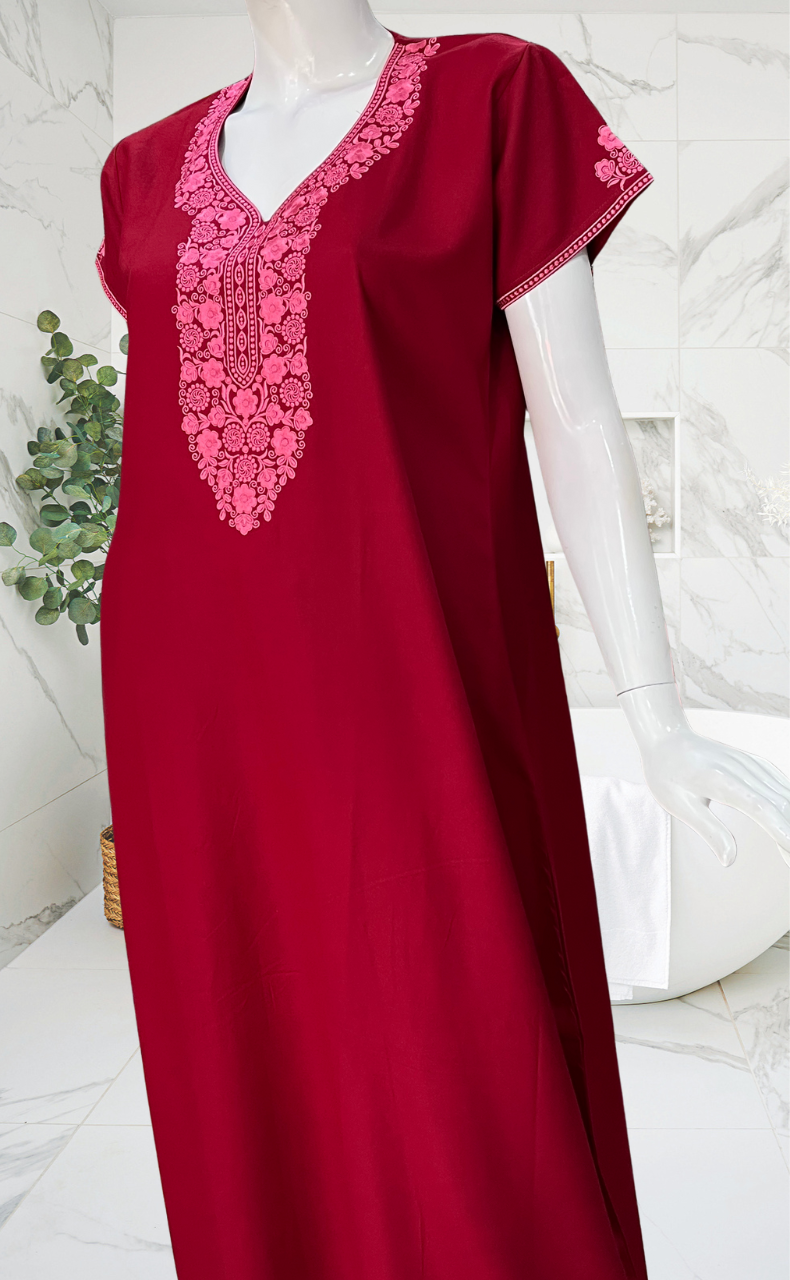 Maroon Embroidery Spun Nighty. Flowy Spun Fabric | Laces and Frills