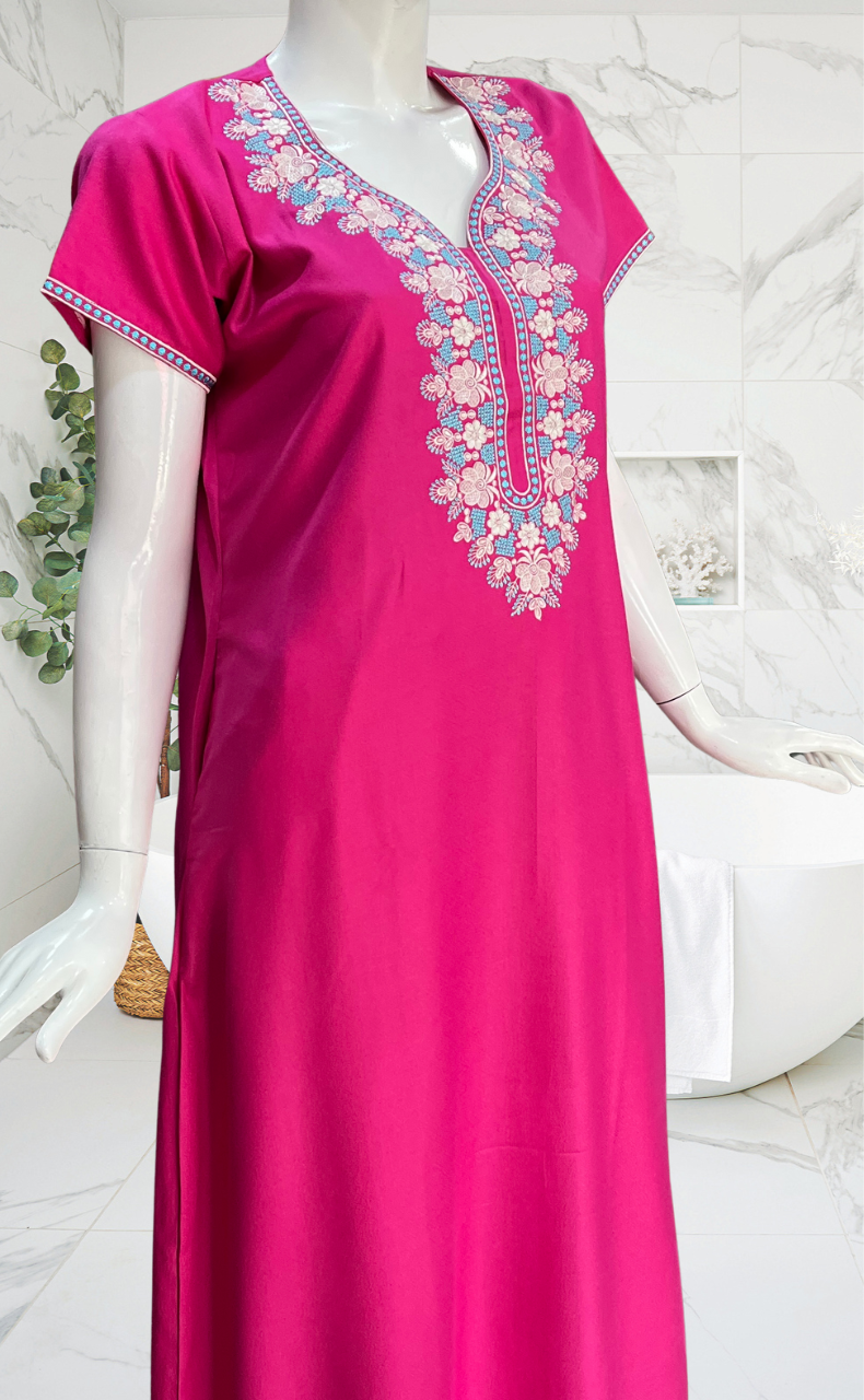 Pink Embroidery Spun Nighty. Flowy Spun Fabric | Laces and Frills - Laces and Frills