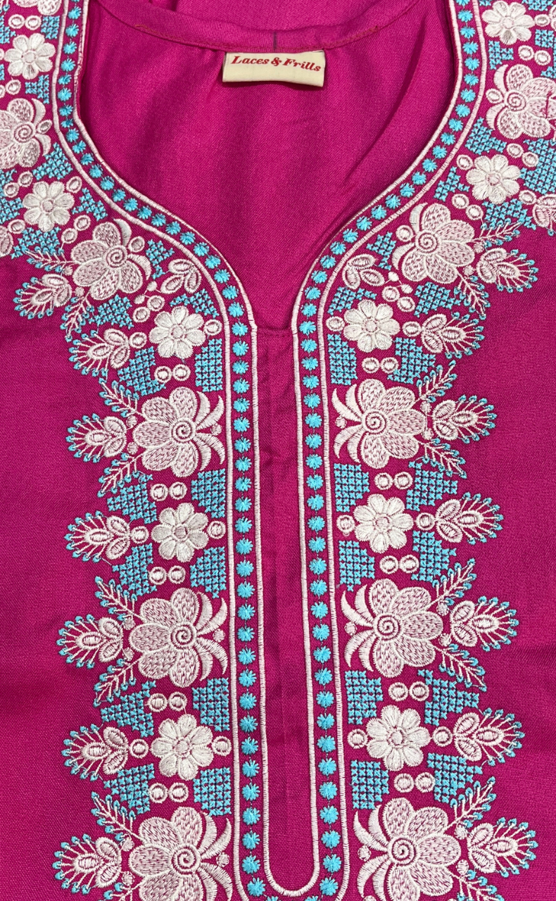 Pink Embroidery Spun Nighty. Flowy Spun Fabric | Laces and Frills - Laces and Frills