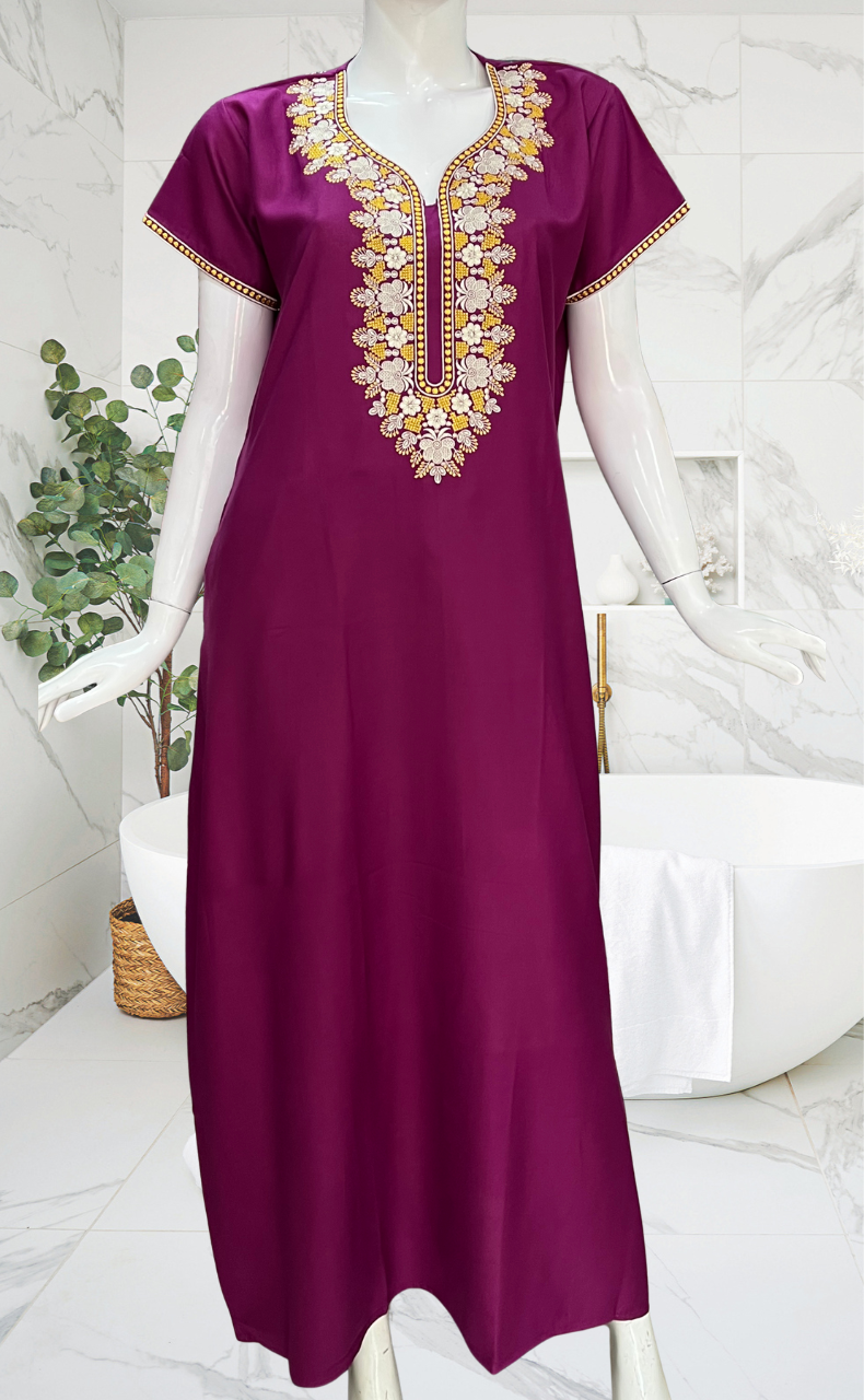 Purple Embroidery Spun Nighty. Flowy Spun Fabric | Laces and Frills