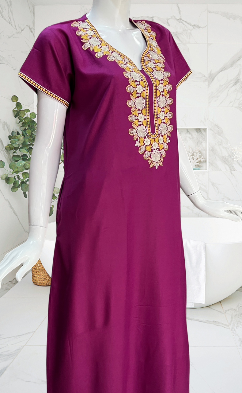 Purple Embroidery Spun Nighty. Flowy Spun Fabric | Laces and Frills