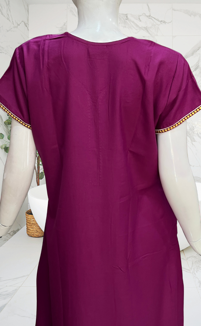 Purple Embroidery Spun Nighty. Flowy Spun Fabric | Laces and Frills