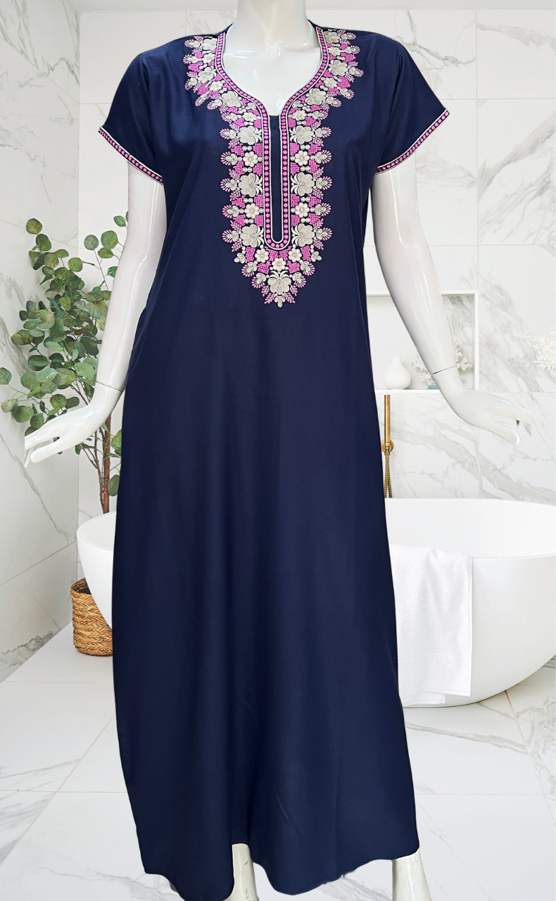 Navy Blue Embroidery Spun Nighty. Flowy Spun Fabric | Laces and Frills
