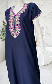 Navy Blue Embroidery Spun Nighty. Flowy Spun Fabric | Laces and Frills
