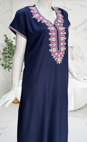 Navy Blue Embroidery Spun Nighty. Flowy Spun Fabric | Laces and Frills