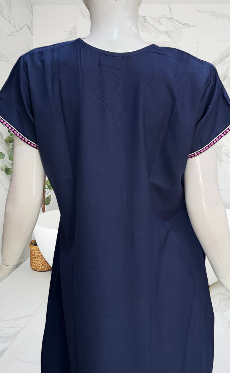 Navy Blue Embroidery Spun Nighty. Flowy Spun Fabric | Laces and Frills