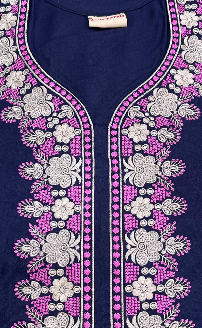 Navy Blue Embroidery Spun Nighty. Flowy Spun Fabric | Laces and Frills