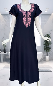 Navy Blue Embroidery Spun Nighty. Flowy Spun Fabric | Laces and Frills