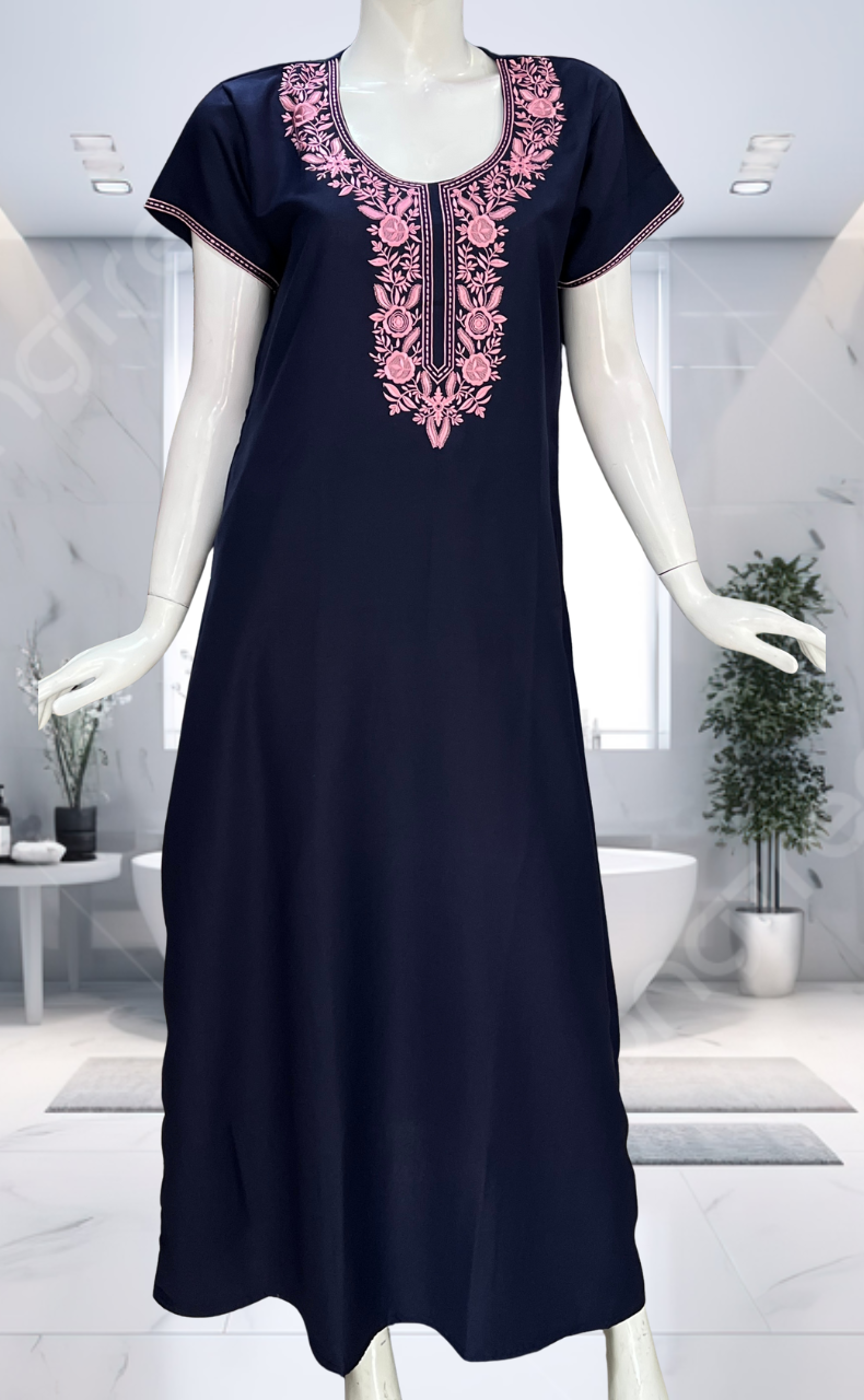 Navy Blue Embroidery Spun Nighty. Flowy Spun Fabric | Laces and Frills